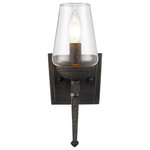 Golden Lighting - Marcellis 1-Light Wall Sconce, Dark Natural Iron With Clear Glass - The rustic, hammered steel fixtures of Golden Lighting's Marcellis collection lend texture and dimension to a room. The hand-painted Dark Natural Iron finish is lightly distressed. A steel candle and candelabra bulb are encased in hand-blown clear glass for a distinctly traditional look. Wall sconces are popularly used in halls, stairways, entries and foyers. The soft light of the candelabra bulb is perfect for accent lighting.