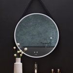 Ancerre Designs - Sangle Round LED Mirror, 24" - The Sangle LED mirror exquisitely handcrafted by Ancerre Designs artisans features a matte black aluminum frame, defogger, adjustable brightness, vegan leather strap, and a hanging post. Our Sangle collection illuminates BRIGHTER and WITH EVEN lighting dispersion, more than other standard LED mirrors. There is a significant difference when you compare it side by side. We maximize the full use of the mirror by placing the LED surface area on the outer borders of our mirrors. With years in development, we wanted to offer our customers not only a quality build but also stunning designs and simple technology to make any bathroom enjoyable. You can pair our LED mirrors with any of our bathroom vanity collections.
