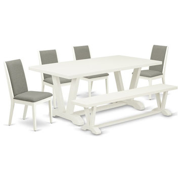 East West Furniture V-Style 6-piece Wood Dining Room Set in Linen White