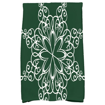 Snowflake Holiday Geometric Print Kitchen Towel, Dark Green