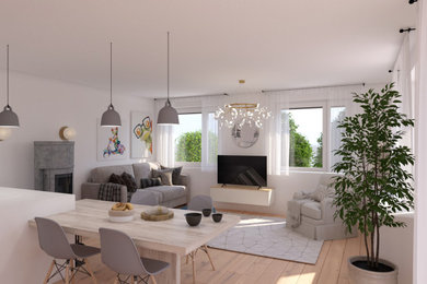 Mittelgroßes, Offenes Skandinavisches Wohnzimmer in grau-weiß mit Kaminumrandung aus gestapelten Steinen und braunem Boden in Sonstige