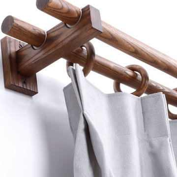 QYT04 1-1/8" Ash Wood Black Walnut Square bracket Single Double Curtain Rod Sets