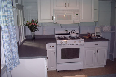 Small vinyl floor eat-in kitchen photo in Other with raised-panel cabinets, laminate countertops and white appliances