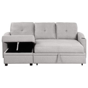Modern L-Shaped Sleeper Sofa, Padded Seat & Sloped Arms With Cupholders, Gray