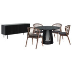 Armen Living - Pasadena Echo 6-Piece Round Dining Set, Buffet, Black Oak Finish & Walnut Chair - Enhance your dining space with the Pasadena Echo 6 Piece Round Dining Set. This 6-piece dining set includes 1 Pasadena round dining table, and 4 Echo dining chairs with faux leather upholstery, and 1 Pasadena buffet cabinet. The versatile chairs merge style and functionality, making them a perfect addition to your dining room, kitchen, or even as accent pieces throughout your home. Crafted with precision and a keen eye for detail, the Echo dining chairs showcase a stunning combination of wood and easily maintained faux leather upholstery. The Windsor style chair back and angular frame creates a timeless silhouette. The round shape of the table brings a touch of sophistication, creating a dynamic focal point for gatherings in your dining room. The compact 47-inch size makes it an ideal choice for those seeking a small dining table without compromising on style. Its versatility extends beyond the dining room, integrating into kitchens as a modern kitchen table. The retro allure of mid-century design is present in the slatted pedestal base, further elevating its appeal, whilst lending its unmistakable character and attractive, architectural-like quality. The buffet is a seamless blend of form and utility. The four-door design opens to reveal ample storage space with two levels of shelves, ideal for keeping your dining essentials organized and within easy reach. Two matching wooden shelves are included, offering an elegant display area for showcasing your cherished dinnerware or decorative items. The shelves are adjustable to 3 available heights. Use it as a stylish sideboard, an entry cabinet that welcomes guests with its polished charm, or a versatile storage cabinet in the kitchen. Each piece of this 6-piece dining set offers multifunctional appeal and due to the craftsmanship and quality materials it&rsquo;s comprised of it can be enjoyed for many years to come. This dining set is available in multiple color finishes including: an all-black finish with black faux leather upholstery, a black finish table and buffet with walnut chairs and black faux leather upholstery, or a black finish table base and buffet, with walnut tabletop and chairs with black faux leather upholstery.