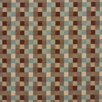 Brown And Teal Checkered Luxurious Faux Silk Upholstery Fabric By The Yard