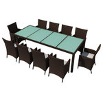 vidaXL - vidaXL Patio Furniture Set 11 Piece Dining Table Set Outdoor Poly Rattan Black, Brown and White, 98.4" Table Length/ 11 Piece - Our stylish rattan patio furniture set will become the focal point of your garden or patio! This dining set, with an elegant design, will be a great choice for al fresco dining or relaxing in the garden. The powder-coated steel frames make the table and chairs strong and sturdy, and thanks to their lightweight construction, all items are easy to move. Made of weather-resistant, waterproof PE rattan, the dining set is easy to clean. The glass top is also easy to clean with a damp cloth. The thick, soft, foam-filled seat cushions are highly comfortable and made of water-repellent polyester. The removable and washable covers are equipped with zips. Delivery includes 1 table, 10 chairs and 10 cushions. Note 1): We recommend covering the set in the rain, snow and frost.Note 2): This item will be shipped flat packed. Assembly is required; all tools, hardware and instructions are included.