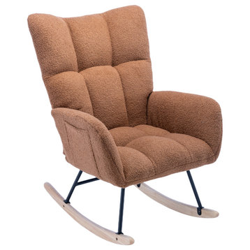 TATEUS Solid Wood Plush Velvet Nursery Rocking Chair for Living Room, Brown