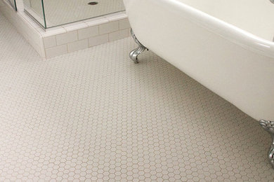 Inspiration for a contemporary black tile, white tile and ceramic tile marble floor bathroom remodel in San Francisco with furniture-like cabinets, white cabinets and marble countertops