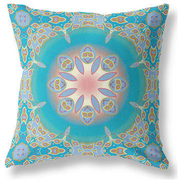 28" X 28" Blue And Green Broadcloth Floral Throw Pillow