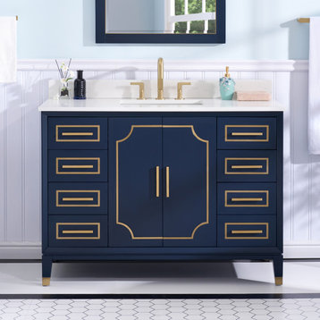 Melody Freestanding Bathroom Vanity with Wall Vanity Mirror and Quartz Top, Navy Blue, 48"