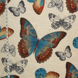 Butterfly fabric toile peacock blue orange summer - Upholstery Fabric