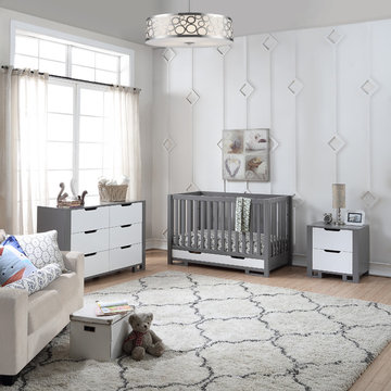 Ariel 4-1 Convertible Crib with Dresser and Night Table in Pebble Grey & White