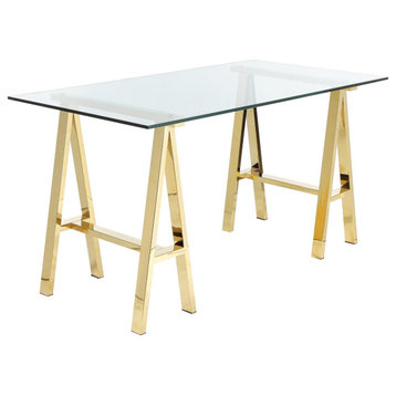 Brady Dining Table, Frame, Brushed Brass; Glass, Clear, Small