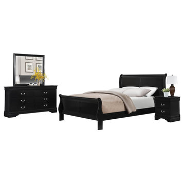 4-Piece Modern Cal King Sleigh Bed, Dresser, Mirror, Nightstand Burnish Black
