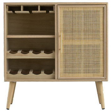 Benzara BM285104 31" Wood Wine Cabinet, 2 Shelves, Rattan Door, Brown