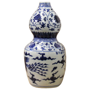 Chinese Blue White Porcelain Bird Graphic Gourd Shape Vase Hws377