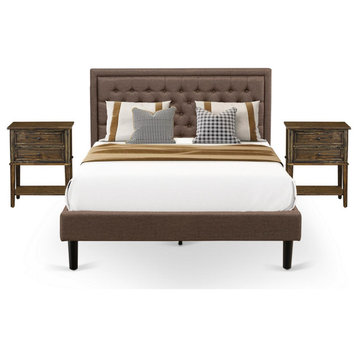 3 Pc Bed Set, 1 Bed Frame Brown, Headboard, 2 Small Nightstand,S Black Legs