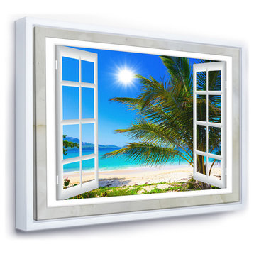 Designart Window Open Beach Palm Extra Large Framed Canvas Art, White, 46x36