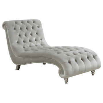 Pemberly Row Tufted Cushion Chaise with Nailhead Trim in Gray