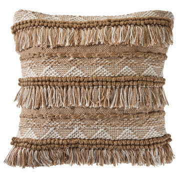 Neutral Geometric Fringe Indoor/Outdoor Throw Pillow