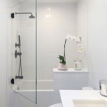 Orlando Soria's White Wash 3x12 Parquet Bathroom