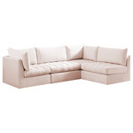 Meridian Furniture - Jacob Velvet Upholstered 4-Piece L-Shaped Modular Sectional, Pink - Create the ideal seating arrangement for your space when you pick and choose the elements you like mostincluding this Jacob velvet modular sectional. Mix and match items in the Jacob collection to bring your living space or family room together with a personalized slant. Soft pink velvet upholstery is soft and welcoming to the touch, adding a luxurious feel to everyday seating. Deep channel tufting adds to the piece's durability, and latches underneath the unit make it easy to attach to other pieces in the collection.