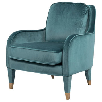 Transitional Accent Chair, Padded Velvet Fabric Seat With Piping Details, Blue