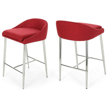 Set of 2 Bar Stool, Modern Design With Cushioned Fabric Seat & Low Back, Red