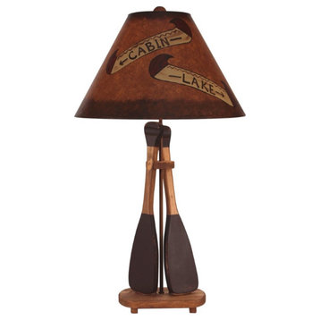 Stained and Red 2-Paddle Table Lamp With Cabin and Lake Shade