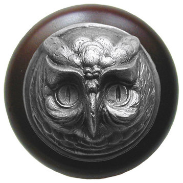 Wise Owl Wood Knob, Antique Brass, Dark Walnut Wood Finish, Antique Pewter