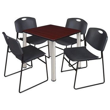 Kee 30" Square Breakroom Table, Mahogany/ Chrome and 4 Zeng Stack Chairs, Black
