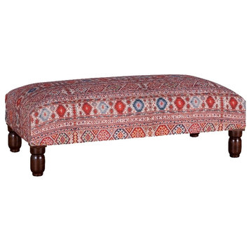 World Interiors Algiers Fabric Upholstered Red Pattern Ottoman in Multi-Color