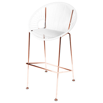 Puerto 31" Handmade Indoor/Outdoor Bar Height Stool With Copper Frame, White Weave, Copper Frame