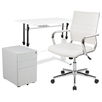 White Computer Desk, LeatherSoft Office Chair & Locking Mobile Filing Cabinet