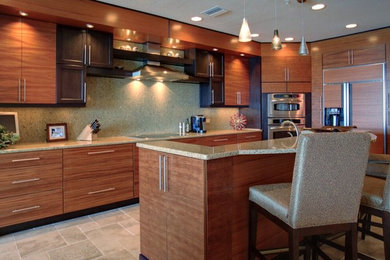 Inspiration for a mid-sized contemporary l-shaped open plan kitchen in Tampa with flat-panel cabinets, dark wood cabinets, granite benchtops, multi-coloured splashback, stone slab splashback, stainless steel appliances, ceramic floors and with island.