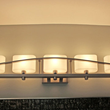 Transitional Masterbath with large sink, custom tiled shower and sitting area