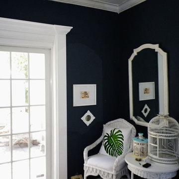 charcoal bedroom with white trim