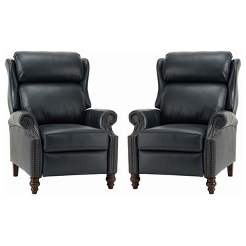 Modern Genuine Leather Manual Recliner With Solid Wood Legs Set of 2, Navy