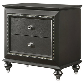 Elegant Nightstand, Sparkling Trim Accent & Faux Crystal Knobs, Metallic Gray
