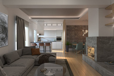 Inspiration for a small modern single-wall open concept kitchen remodel in Other with an undermount sink, flat-panel cabinets, stainless steel appliances and an island