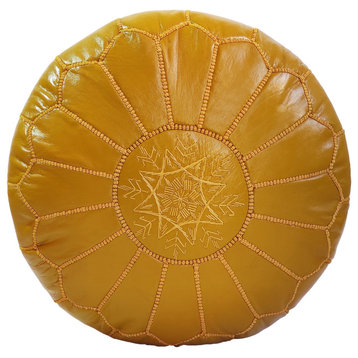 Handmade Moroccan Ottoman, Genuine Leather Pouf, Mustard Yellow