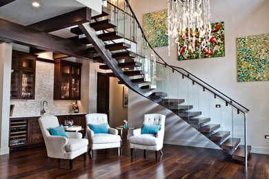 Living room - contemporary open concept dark wood floor living room idea in Boise with white walls, no fireplace and no tv