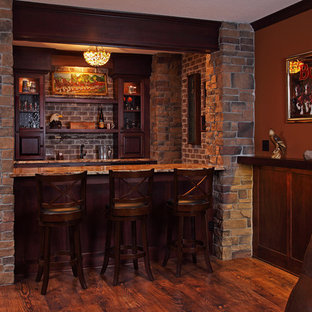 Medium sized rustic fully buried basement in Minneapolis with brown walls, no fireplace and dark hardwood flooring.