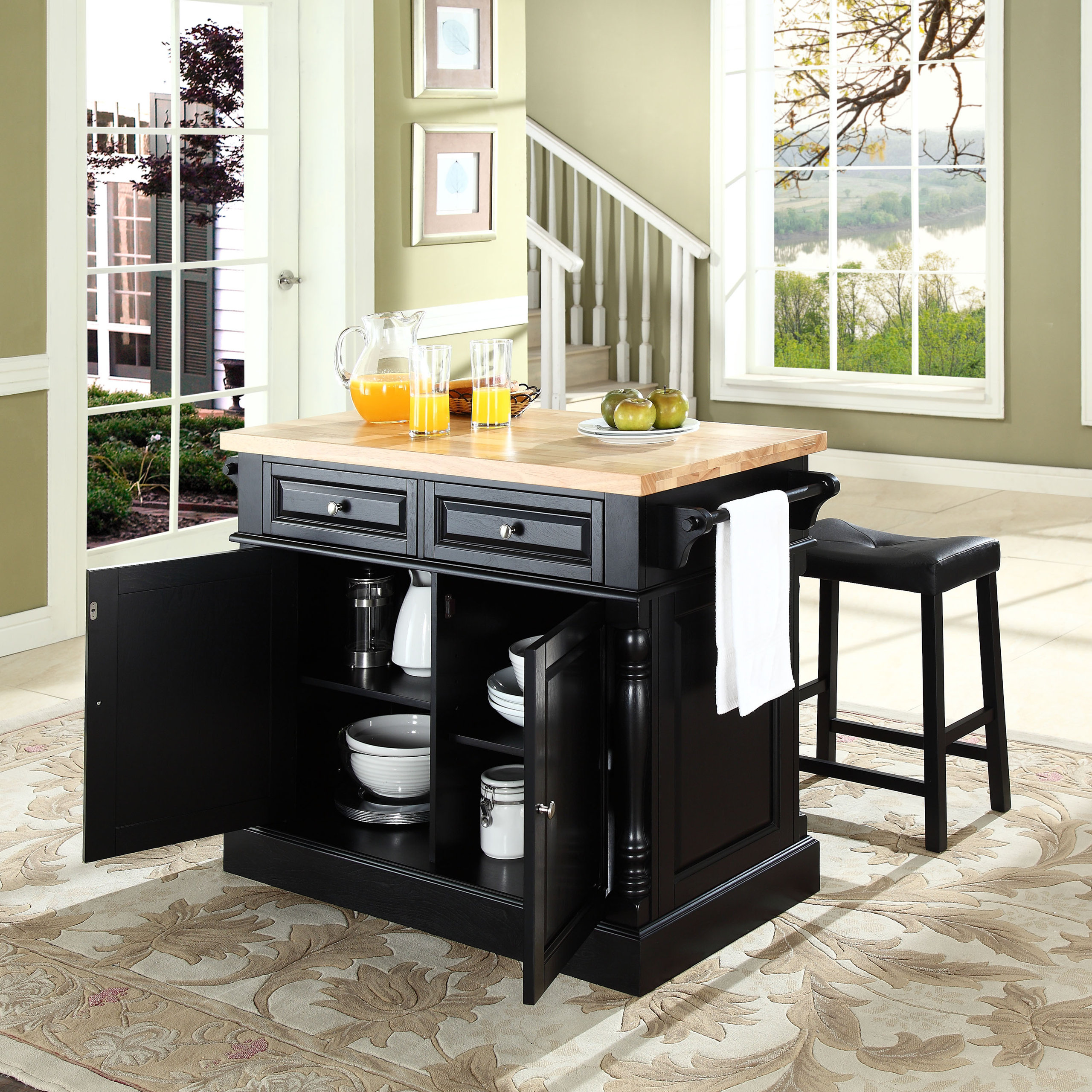 Butcher Block Top Kitchen Island, 24" Black Upholstered Saddle Stools ...