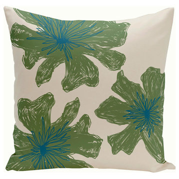 Polyester Pillow, Floral, Off-White, Green, Blue, 20"x20"