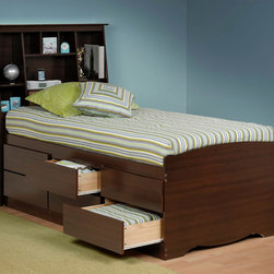 Prepac Espresso Tall Twin Platform Storage Bed with Tall Bookcase Headboard - Kids Beds
