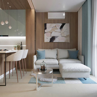 Foto di un piccolo soggiorno minimal aperto con pavimento in gres porcellanato, pareti marroni, nessun camino e pavimento beige