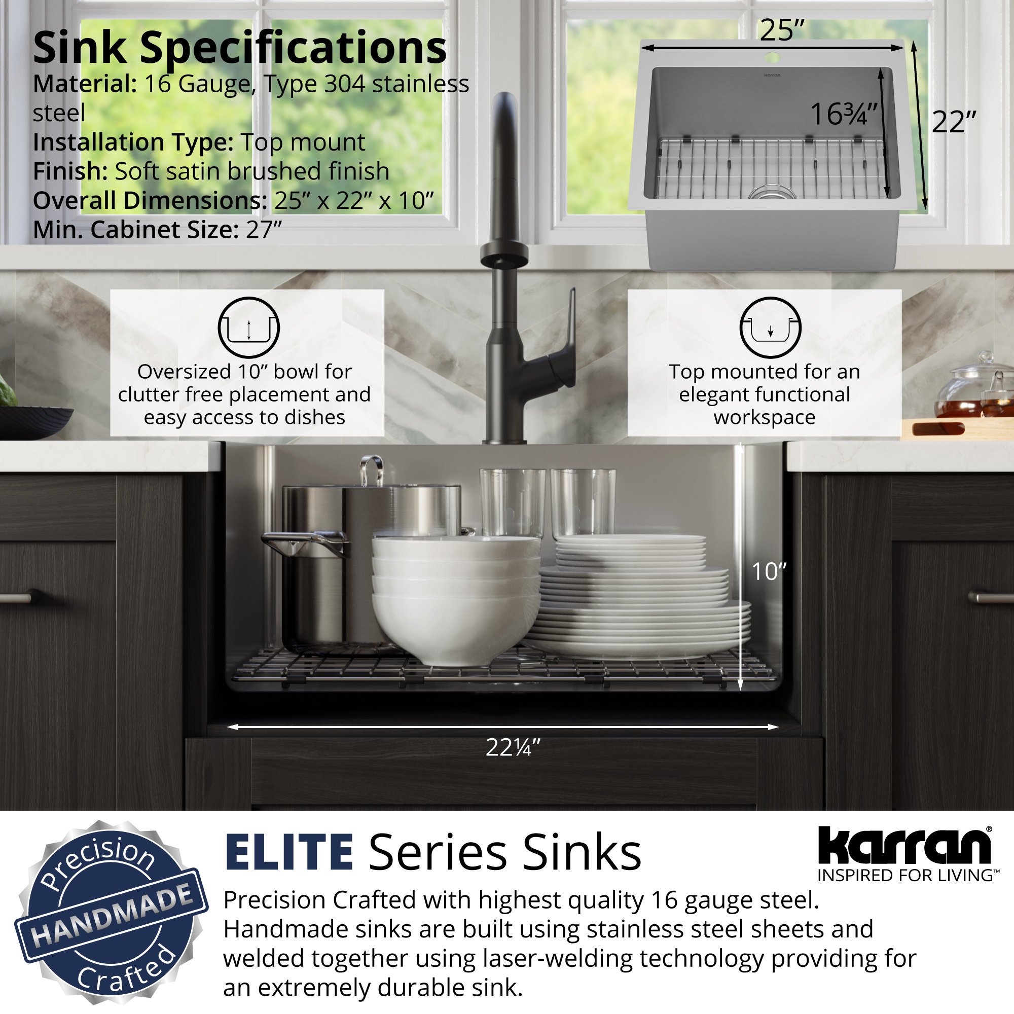 Karran Top Mount Stainless Steel 25" 16-Gauge Drop-In Single Bowl Sink Kit