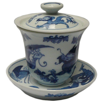 Chinese Blue and White Porcelain Dragon Phoenix Teacup Set Hcs515